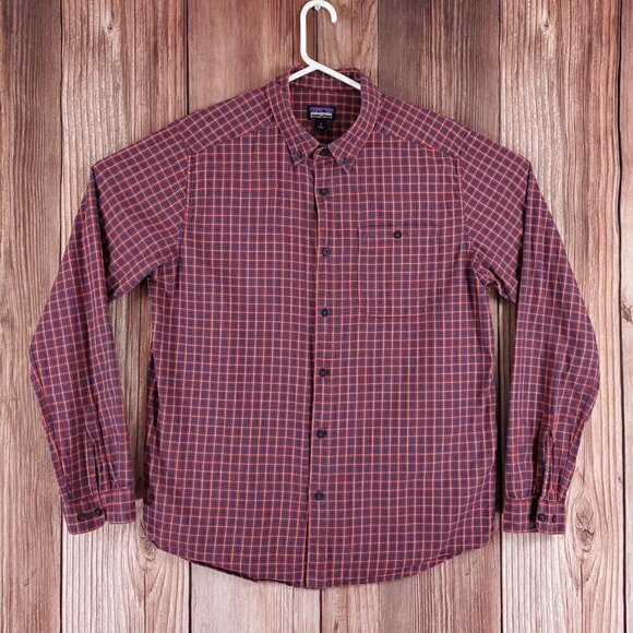Patagonia Mens Large Vjosa River Red Blue Plaid Long Sleeve Button Down Shirt - Picture 1 of 15
